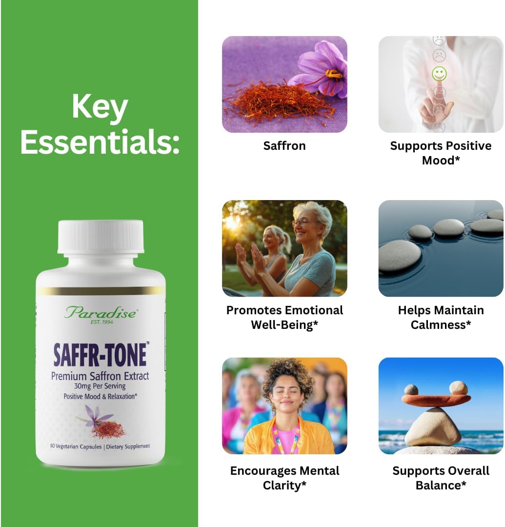 Paradise Herbs Saffr-Tone, Saffron Extract, Active Whole Spectrum, 60 Vegetarian Capsules
