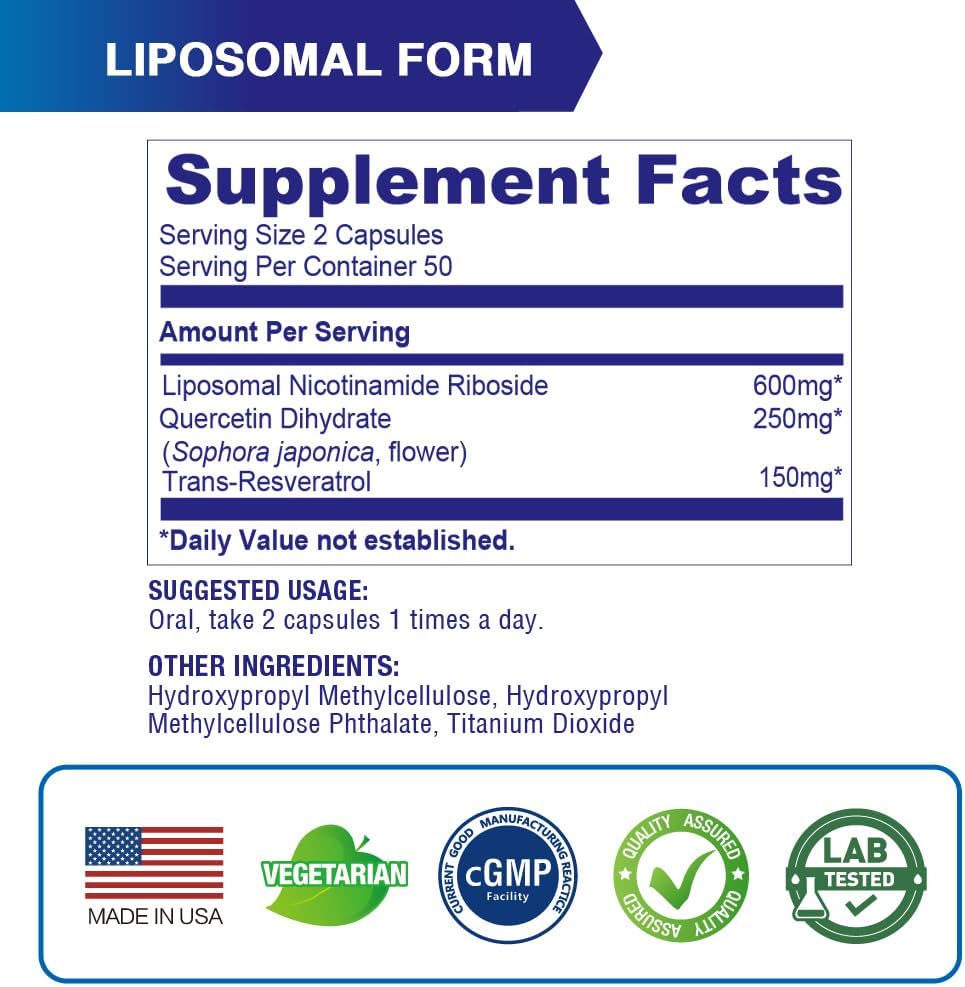 LOVITA Liposomal NR (Nicotinamida Ribósido) 1000 mg con Quercetina y Trans-Resveratrol – 100 Cápsulas Veganas