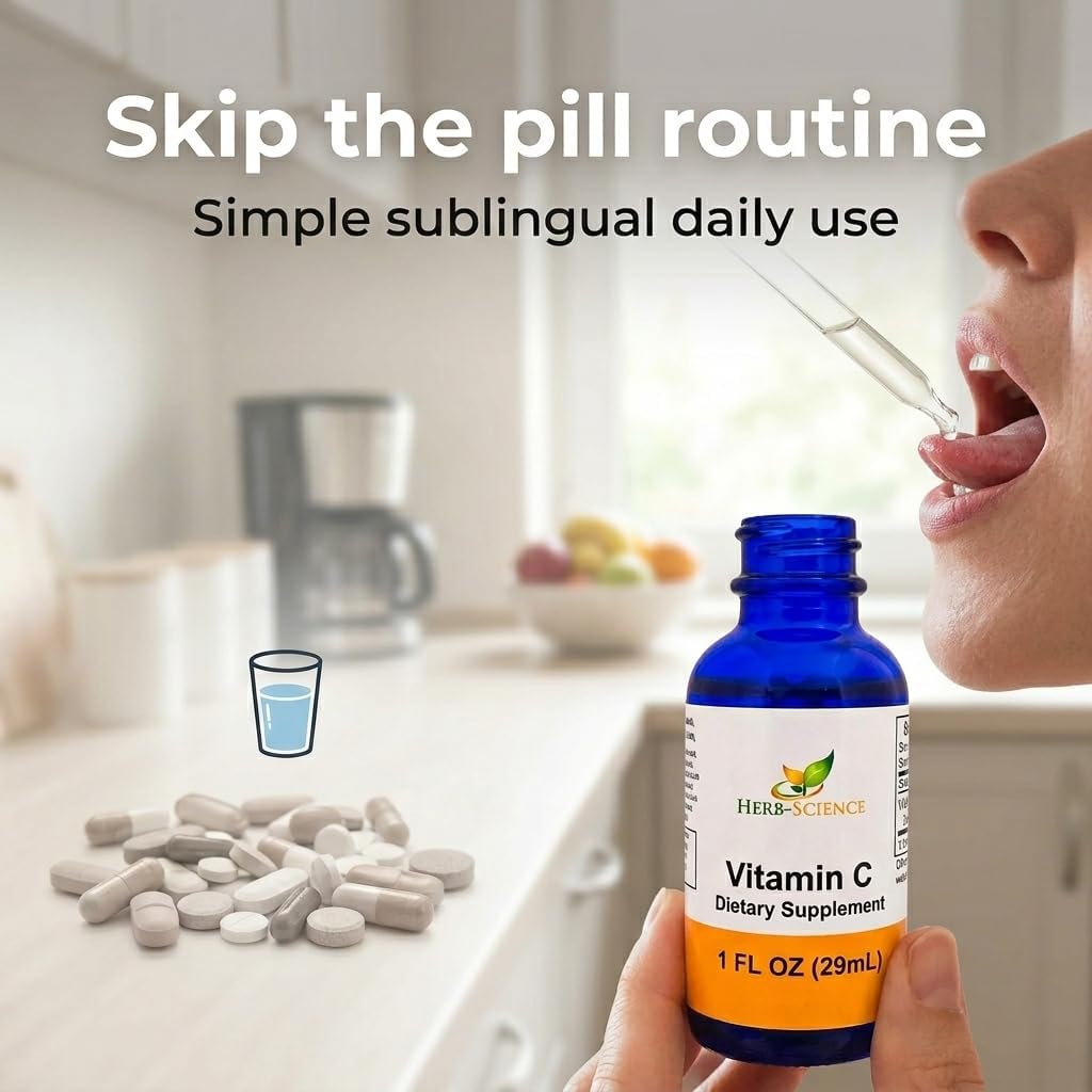 Herb-Science Vitamina C Líquida – Ácido Ascórbico Prensado en Frío, Gotas Sublinguales, Vegano, Sin Alcohol