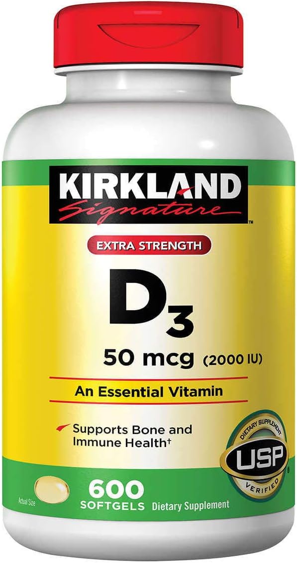 Kirkland Signature Vitamina D3 Extra Strength 50 mcg (2000 UI), 600 Cápsulas Blandas (Pack de 2)
