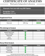 Vitamatic Ácido Fólico 400 mcg - 500 Comprimidos Vegetarianos - Vitamina B9