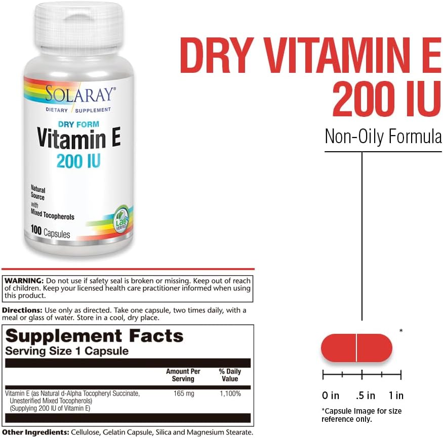 SOLARAY Dry Vitamin E 200 IU with Mixed Tocopherols, 100 Capsules