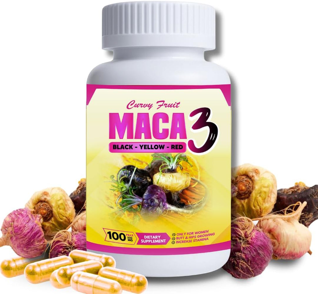 Maca 3 Cápsulas – Mezcla de Raíz de Maca Negra, Roja y Amarilla – Equilibrio Femenino y Apoyo Corporal Natural – Fórmula Herbal