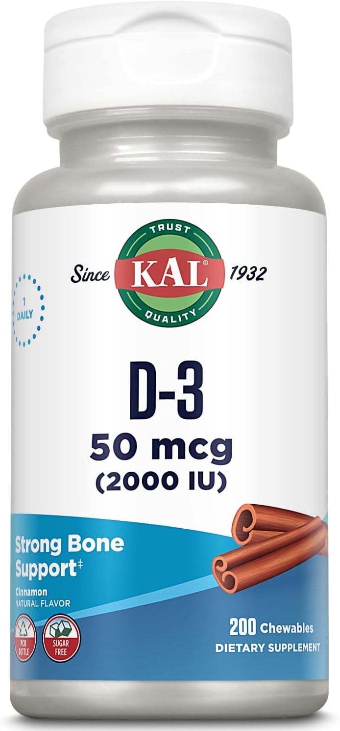 KAL Vitamina D3 Masticable 50 mcg (2000 UI), Sabor Canela Natural, Sin Azúcar, 200 Comprimidos