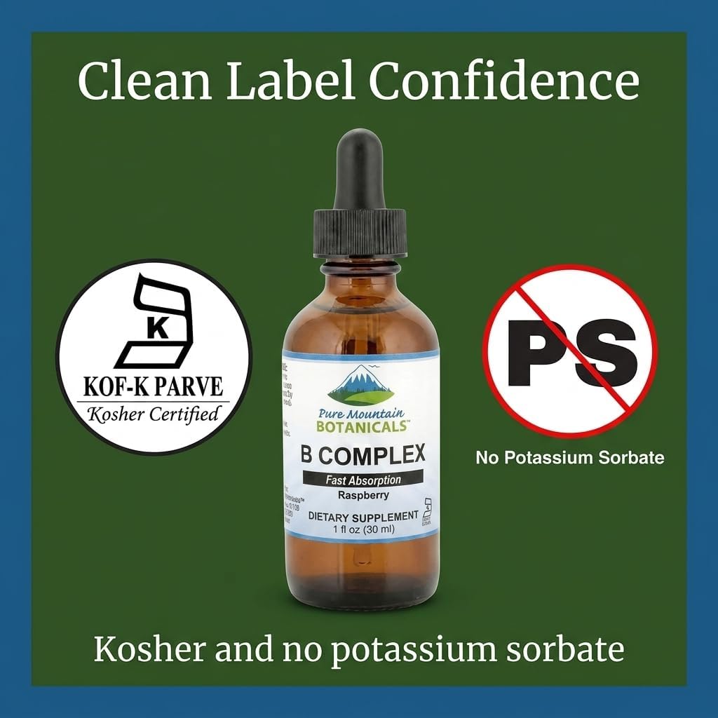 Pure Mountain Botanicals Complejo B Líquido - Vitaminas B12 y B6 - Sabor Frambuesa - Kosher No GMO - 30 Dosis