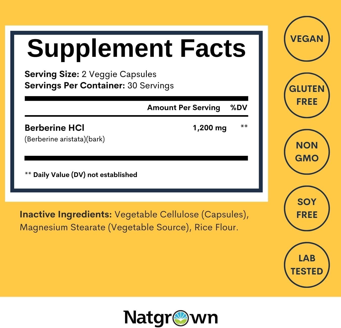Natgrown Berberine Supplement - Berberine HCl 1200 mg por ración - Vegano, Sin Gluten, No GMO - 60 Cápsulas
