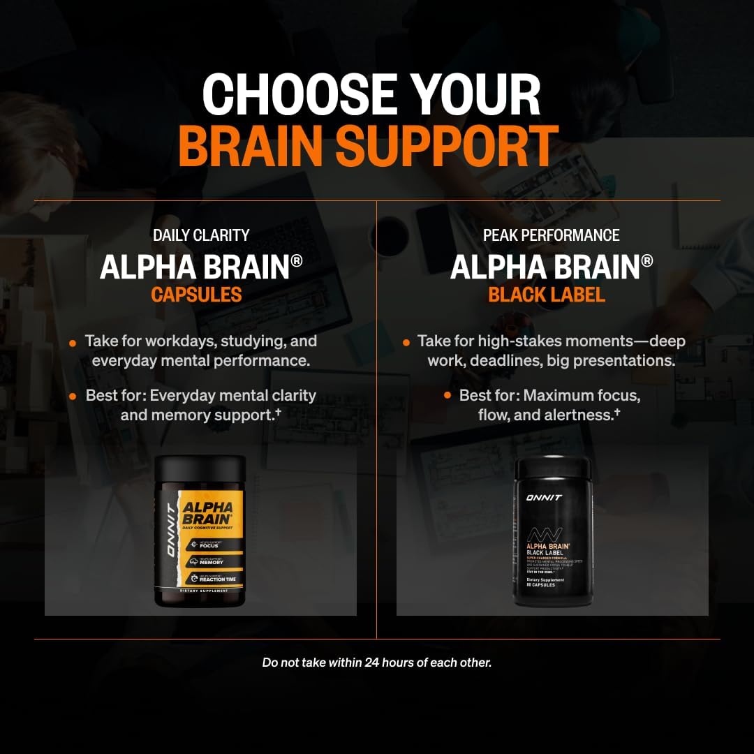 ONNIT Alpha Brain Black Label Cápsulas, Suplemento Cognitivo con Citicolina, Melena de León y Luteína, 80 Unidades