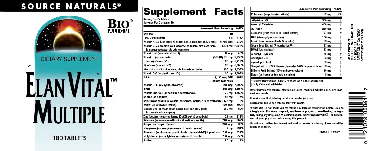 Source Naturals Elan Vital Multiple – Multivitamínico Completo – 180 Comprimidos