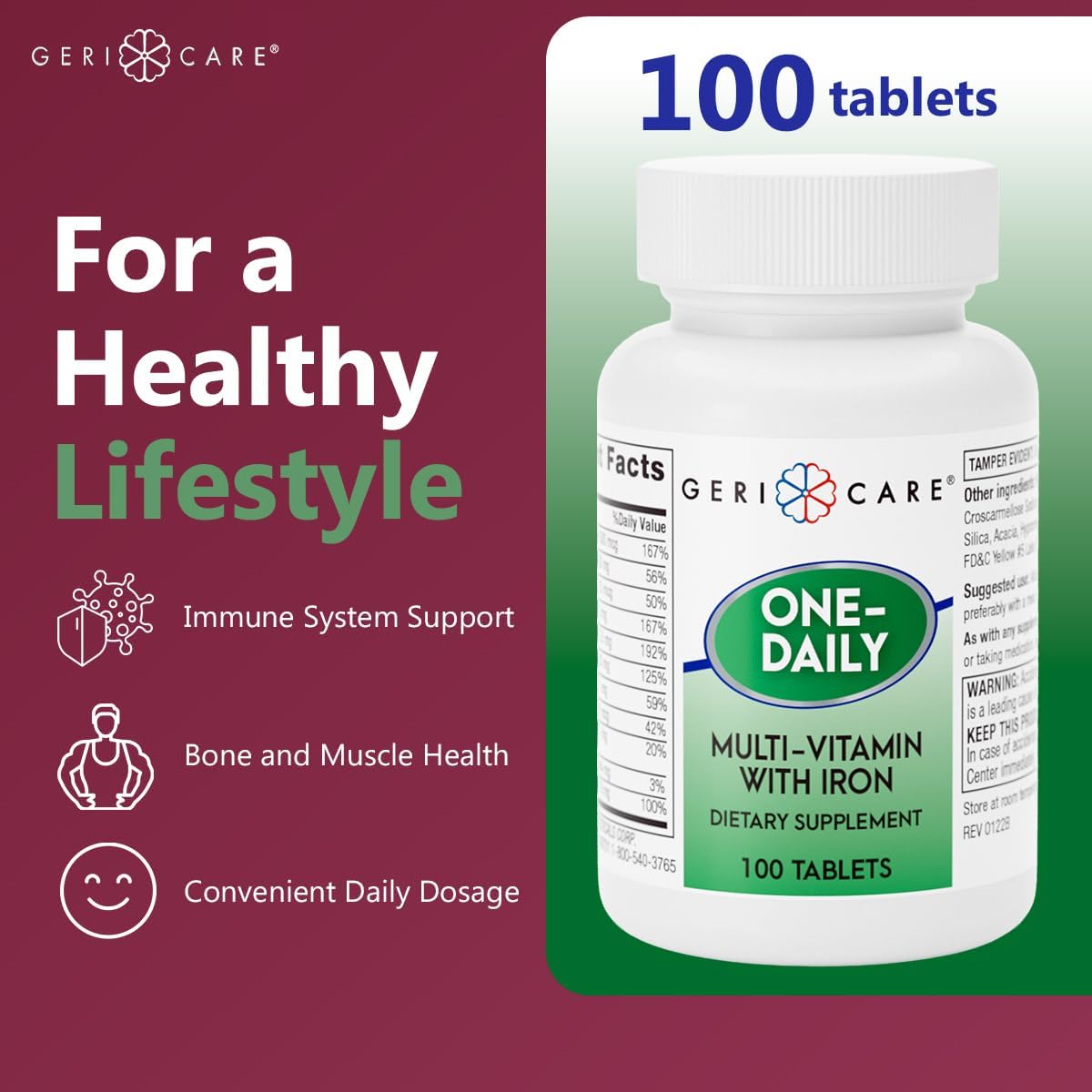 GeriCare One-Daily Multi-Vitamin con Hierro, 100 Comprimidos