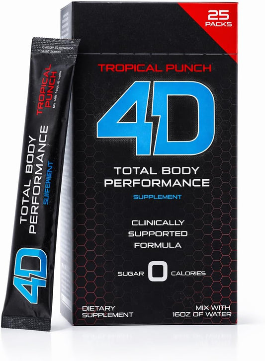 4D Tropical Punch - 25 sobres de vitaminas y energía en polvo - Cero calorías y azúcares - Sin gluten, Non-GMO, Keto y Vegano