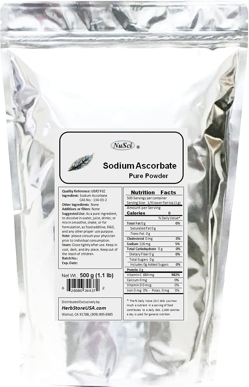NuSci Ascorbato Sódico en Polvo Puro 500g (1.1lb) - Vitamina C Tamponada