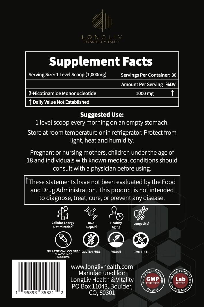Suplemento NMN en Polvo – Nicotinamida Mononucleótido – 1000 mg por dosis – 30 g – LongLiv