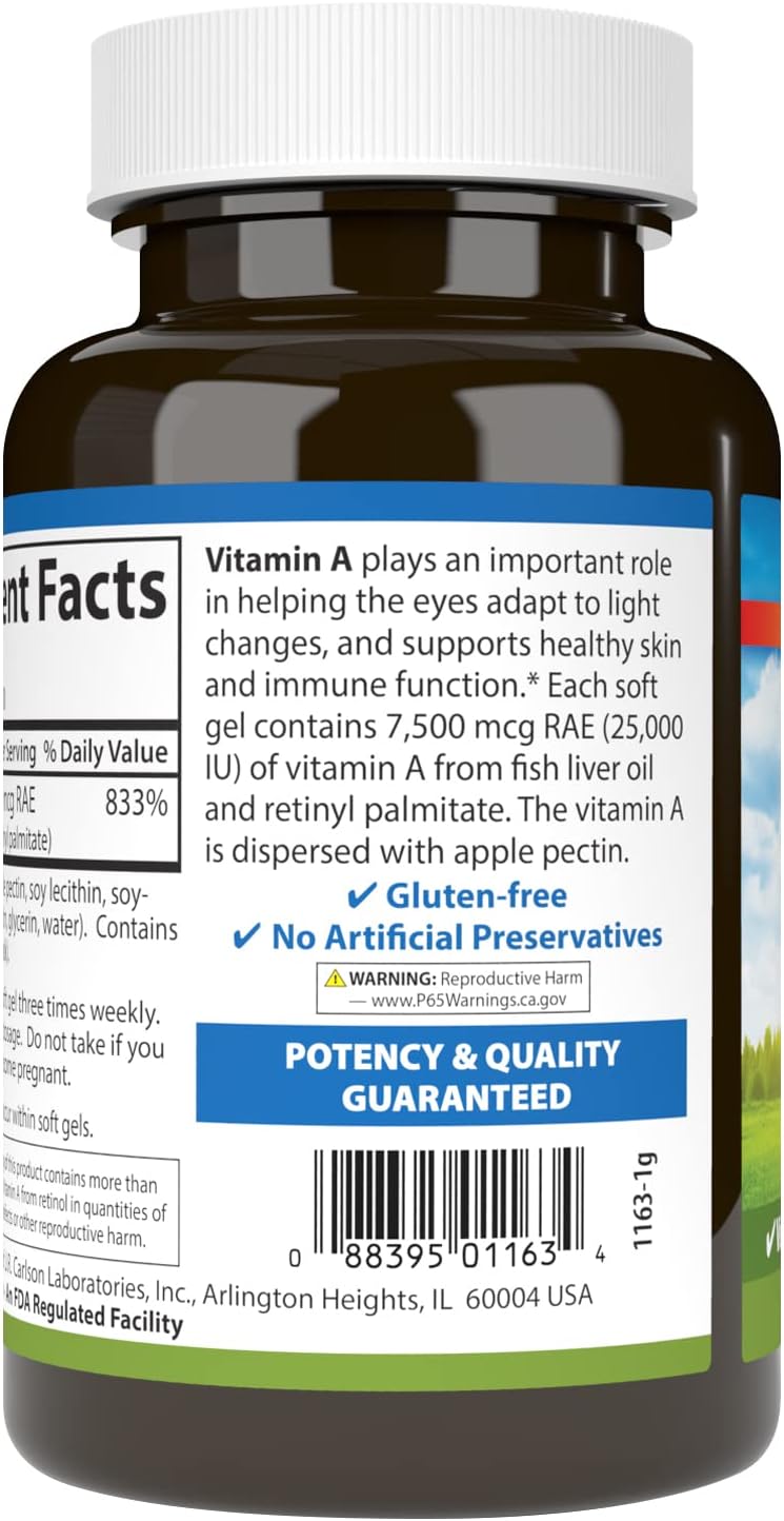 Carlson Labs Vitamina A con Pectina, 25000 UI, 300 Cápsulas Blandas