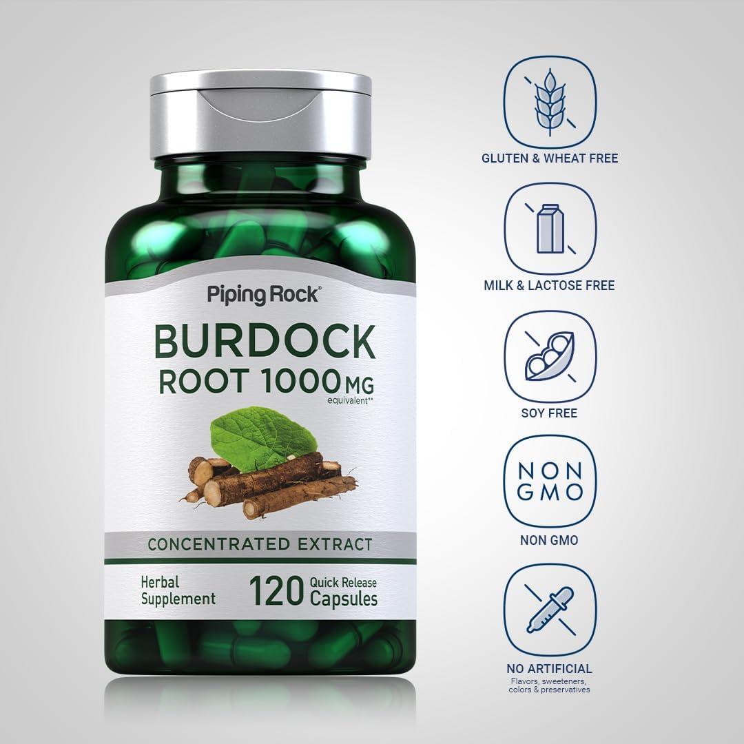 Piping Rock Cápsulas de Raíz de Bardana | 120 Unidades | Suplemento Herbal | Extracto Concentrado | Sin Gluten, No GMO