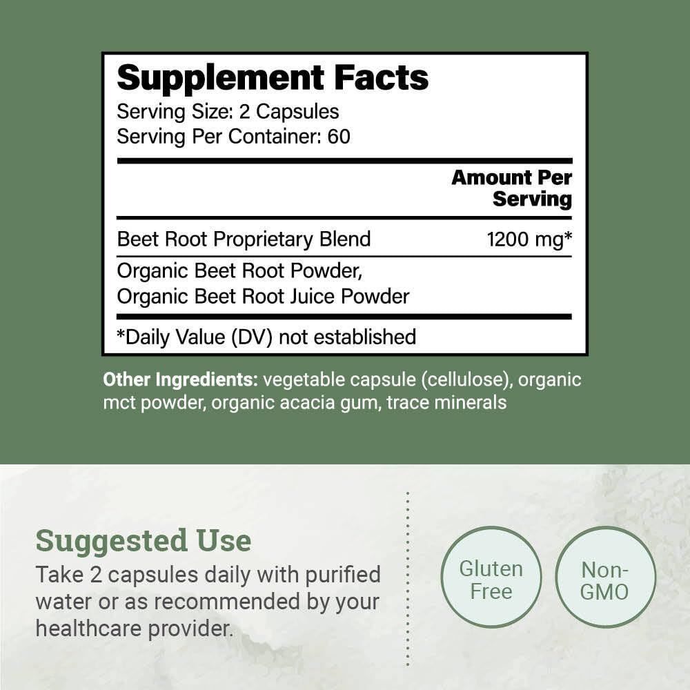 Earth Harmony Naturals Cápsulas de Remolacha Orgánica 1200 mg - Suplemento de Remolacha en Polvo y Jugo para Hombres y Mujeres - 120 Cápsulas