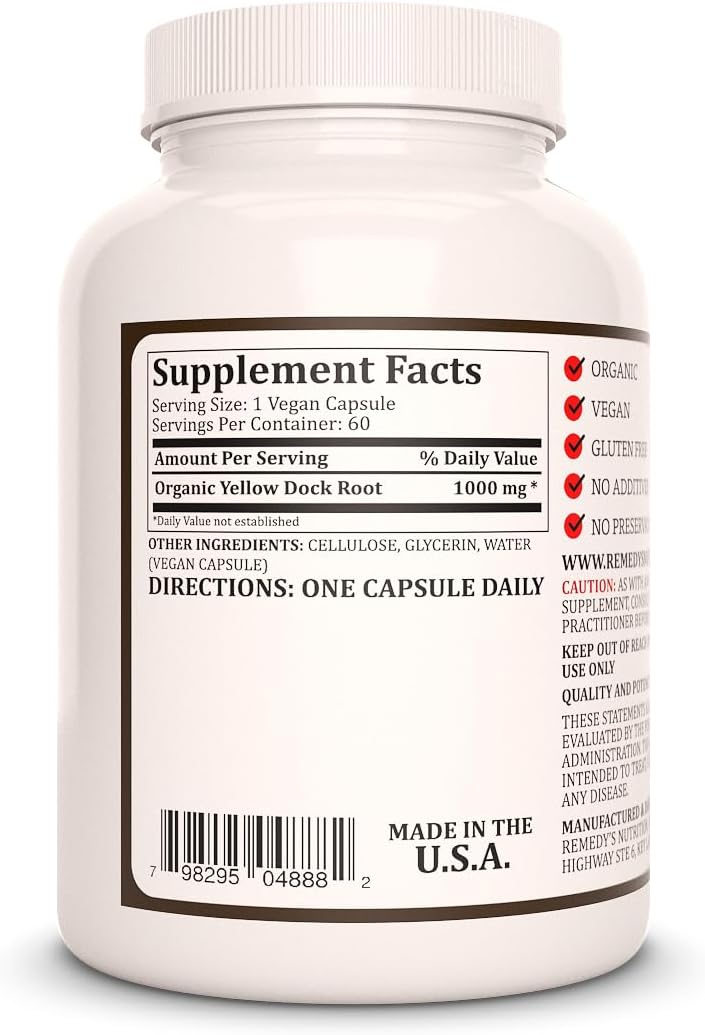 Raíz de Yellow Dock 1000 mg, 60 Cápsulas Veganas - Suplemento Herbal - Remedy's Nutrition