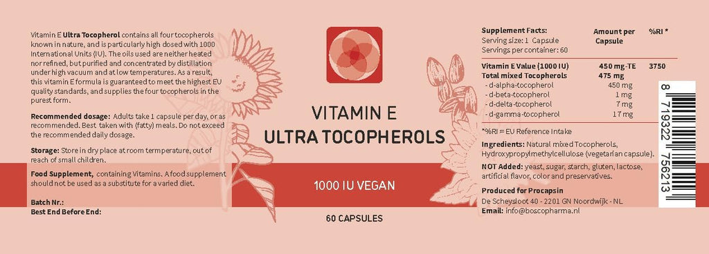 Procapsin Vitamina E 1000 UI Ultra Tocoferol 450mg - 4 Tocoferoles (60 Cápsulas)