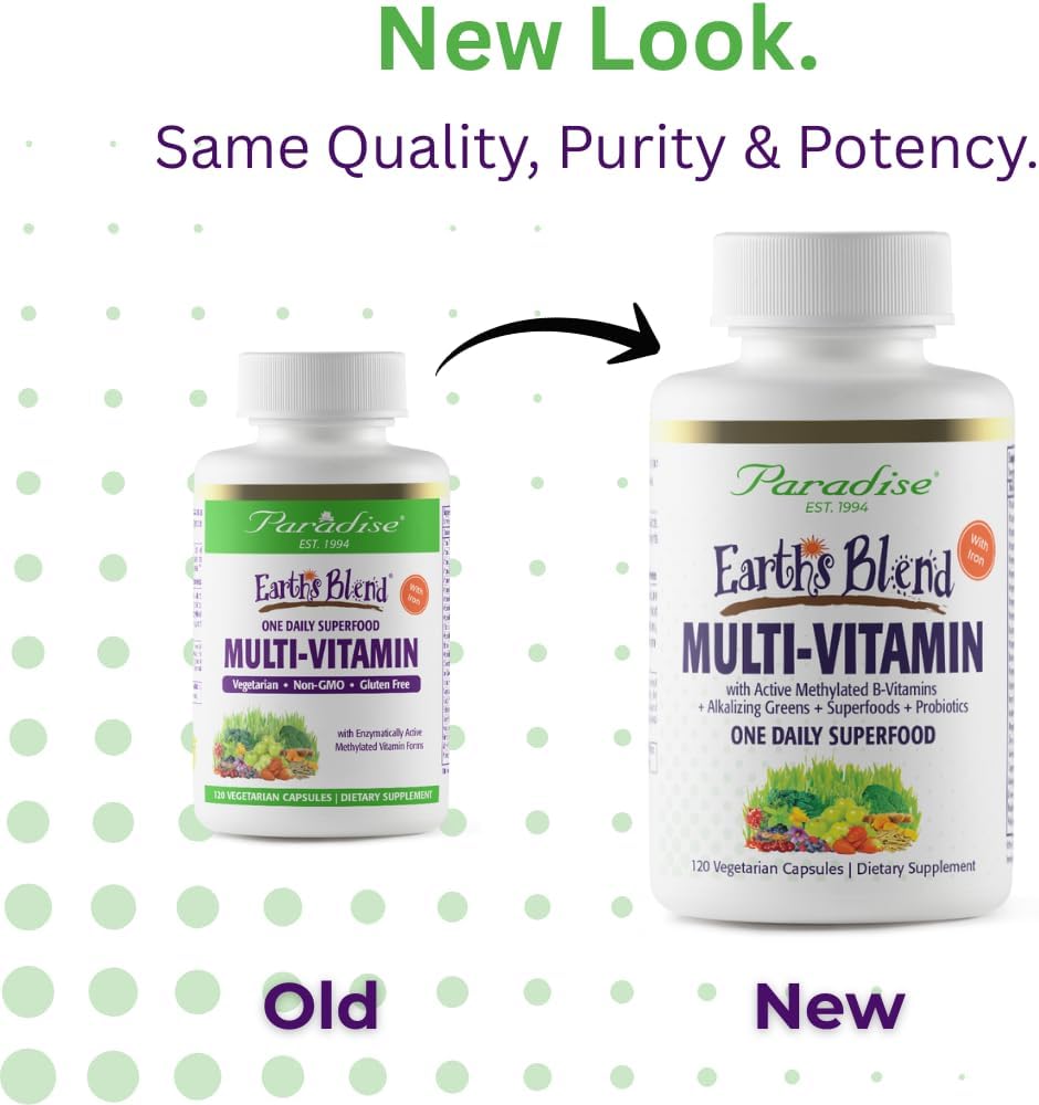 Paradise Herbs Earth's Blend Multivitamínico con Hierro, 48 Superalimentos, Probióticos, 120 Cápsulas