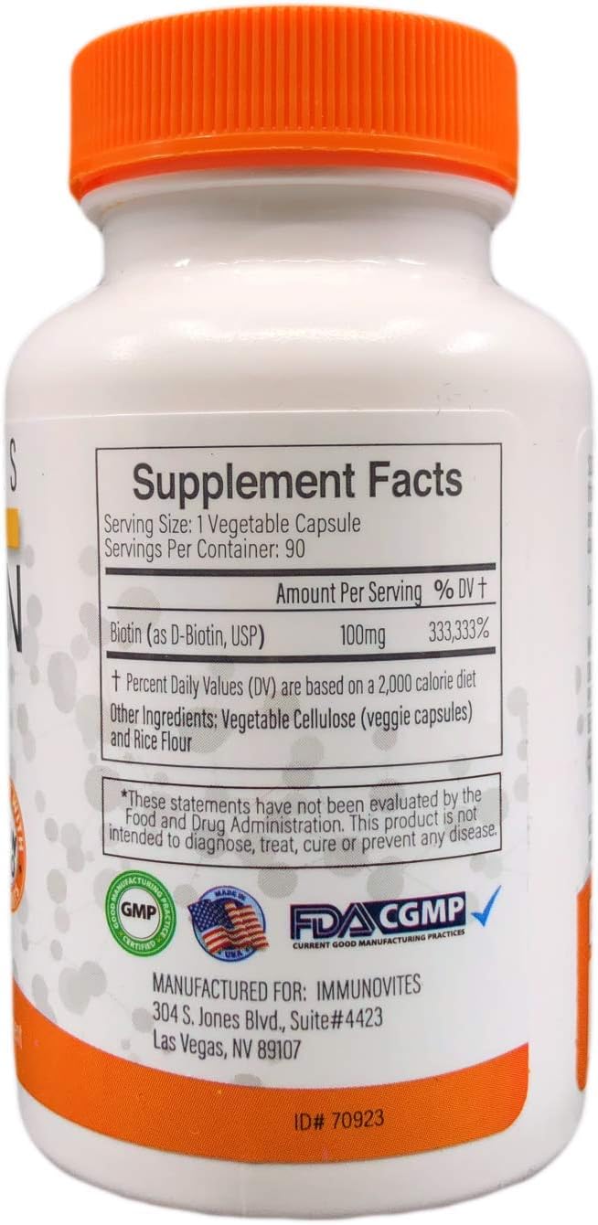 IMMUNOVITES Biotina Alta Dosis 100 mg (100.000 mcg) - 3 Envases de 90 Cápsulas