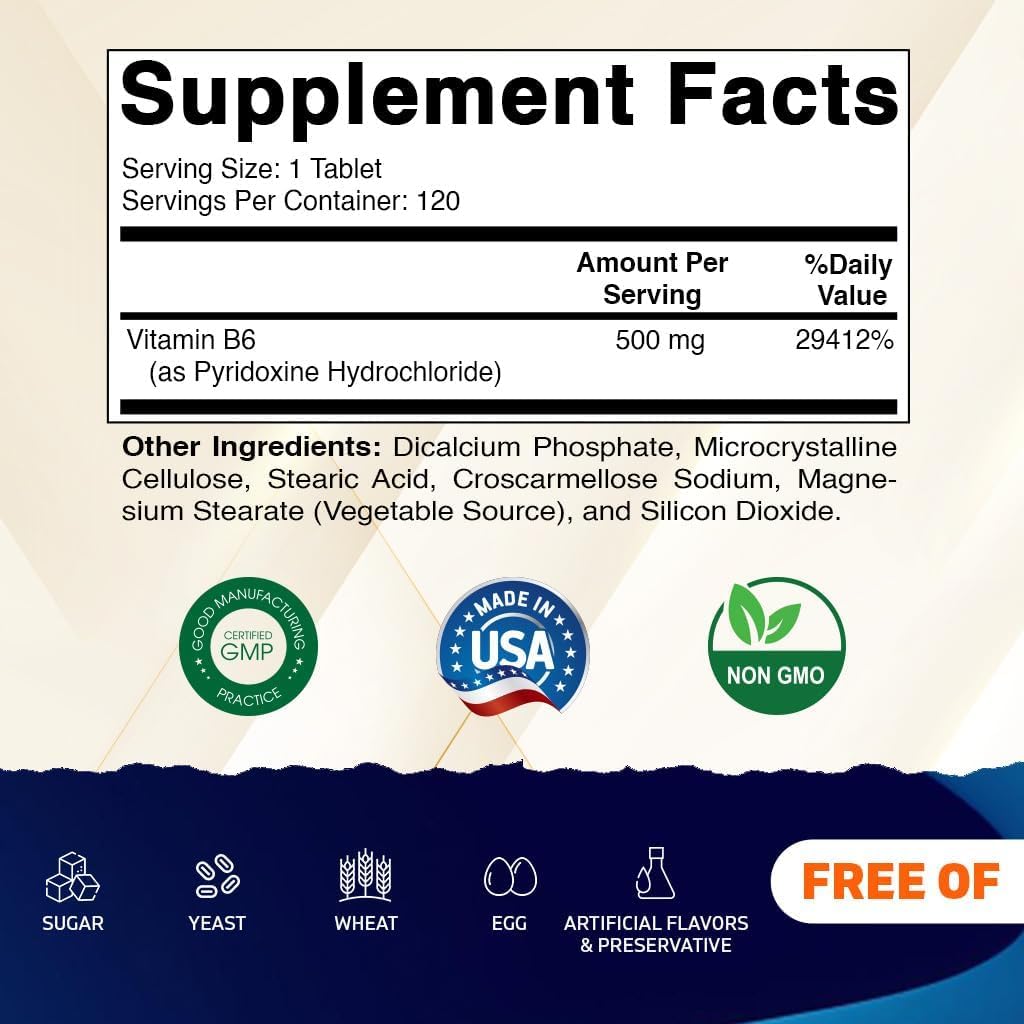 Vitamatic Vitamina B6 (Piridoxina HCl), 500 mg – 120 Comprimidos Vegetarianos
