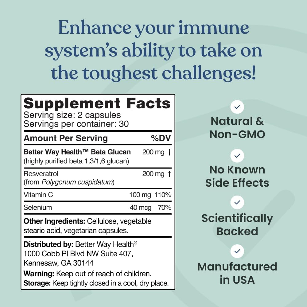 Better Way Health Advanced Immune Readiness – Beta Glucano 1,3/1,6 con Vitamina C, Selenio y Resveratrol – 60 Cápsulas
