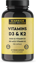 Warrior Strong Wellness Suplemento de Vitamina D3 y K2 - 5000 UI D3 + 180 mcg K2 MK-7 - Apoyo óseo - 2 meses, 60 cápsulas veganas