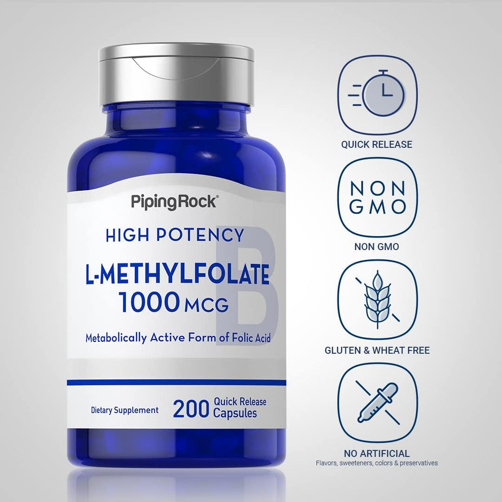 Piping Rock L-Metilfolato 1000 mcg - 200 Cápsulas - Forma Activa de Ácido Fólico - No-GMO, Sin Gluten