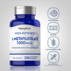 Piping Rock L-Metilfolato 1000 mcg - 200 Cápsulas - Forma Activa de Ácido Fólico - No-GMO, Sin Gluten