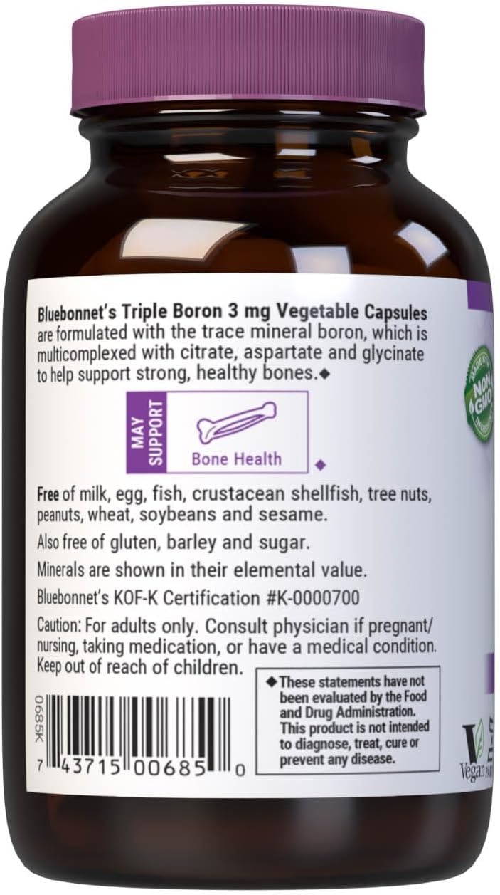 Bluebonnet Triple Boron 3 mg - Complemento de Boro con Citrato, Aspartato y Glicinato - Vegano, Sin Gluten, Non-GMO - 90 Cápsulas Vegetales