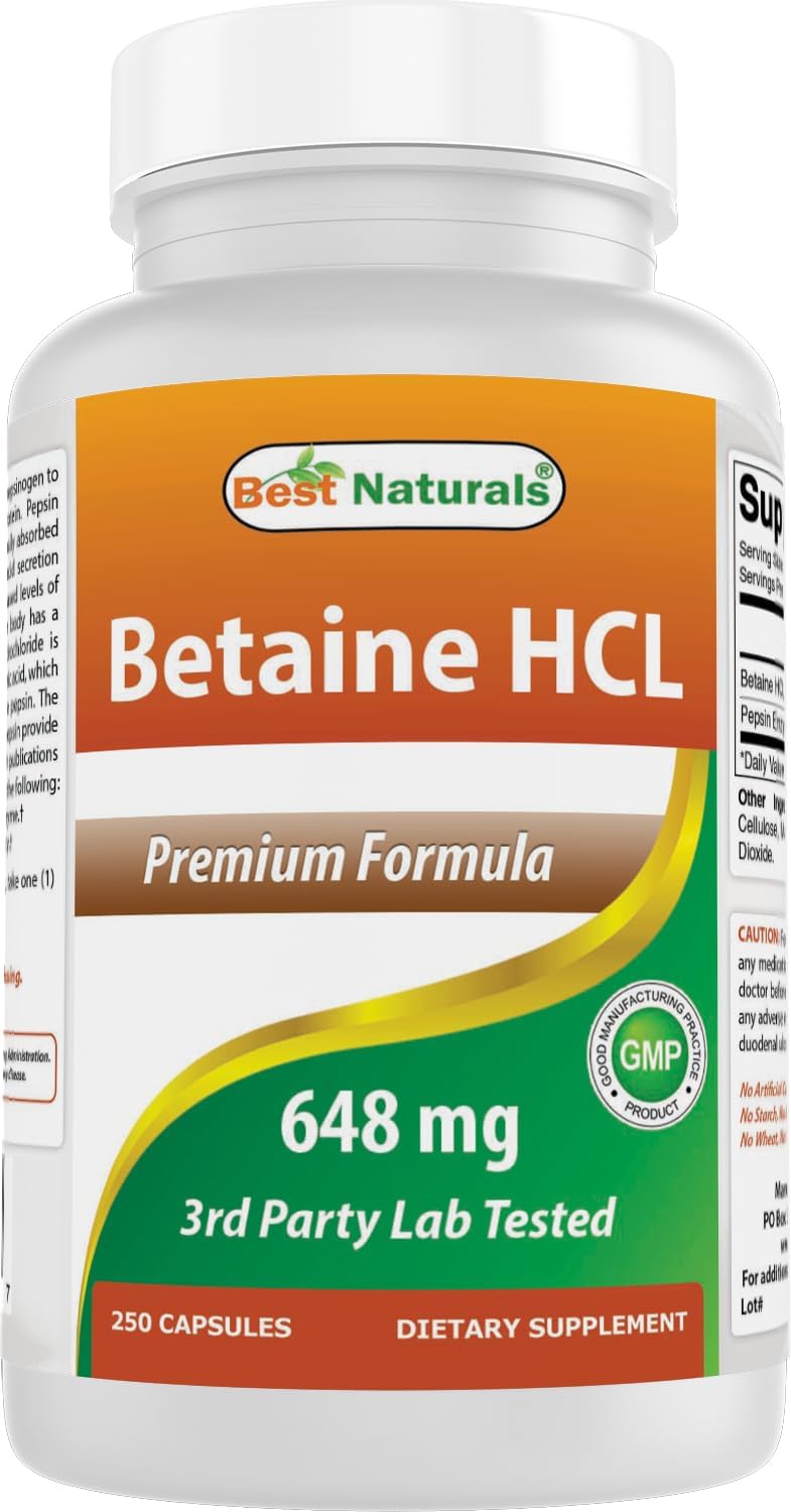 Best Naturals Betaine HCL 648 mg - 250 Cápsulas por Envase (Paquete de 2)
