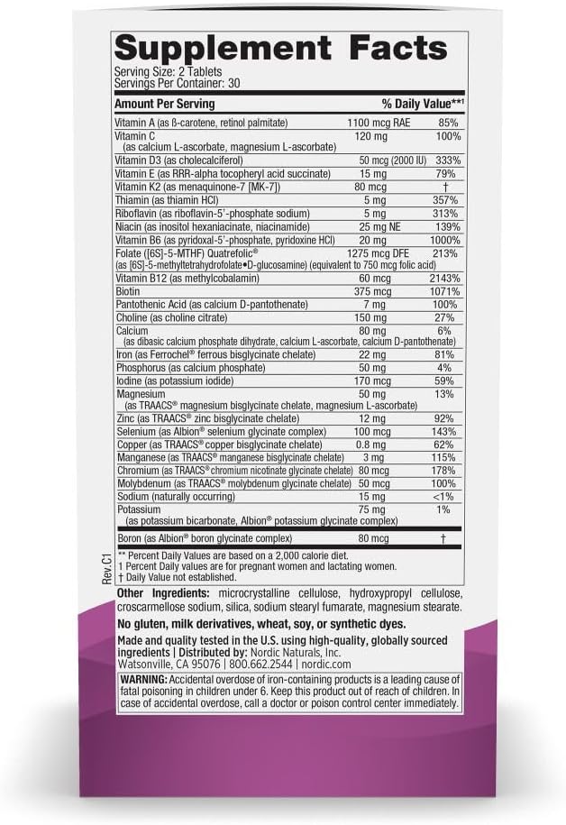 Nordic Naturals Prenatal Multivitamin - Multivitamínico prenatal vegetariano - 22 nutrientes esenciales, incluyendo B6, folato y hierro - 60 comprimidos - 30 dosis
