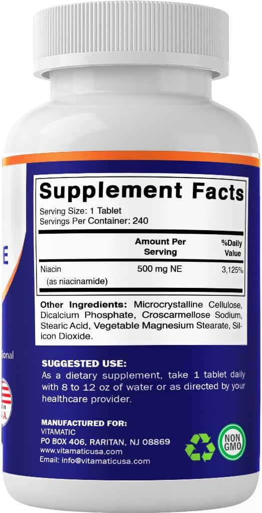 Vitamatic Niacinamida 500 mg, 240 Comprimidos - Vitamina B3 Sin Enrojecimiento - Apoya la Producción de Energía