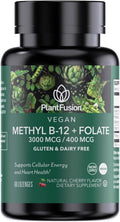 PlantFusion Vegan B12 Methyl 3000 mcg + Folate 400 mcg - Vitamina B12 Sublingual - 60 Pastillas - Sabor Cereza