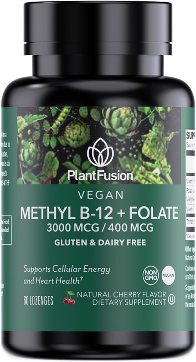 PlantFusion Vegan B12 Methyl 3000 mcg + Folate 400 mcg - Vitamina B12 Sublingual - 60 Pastillas - Sabor Cereza