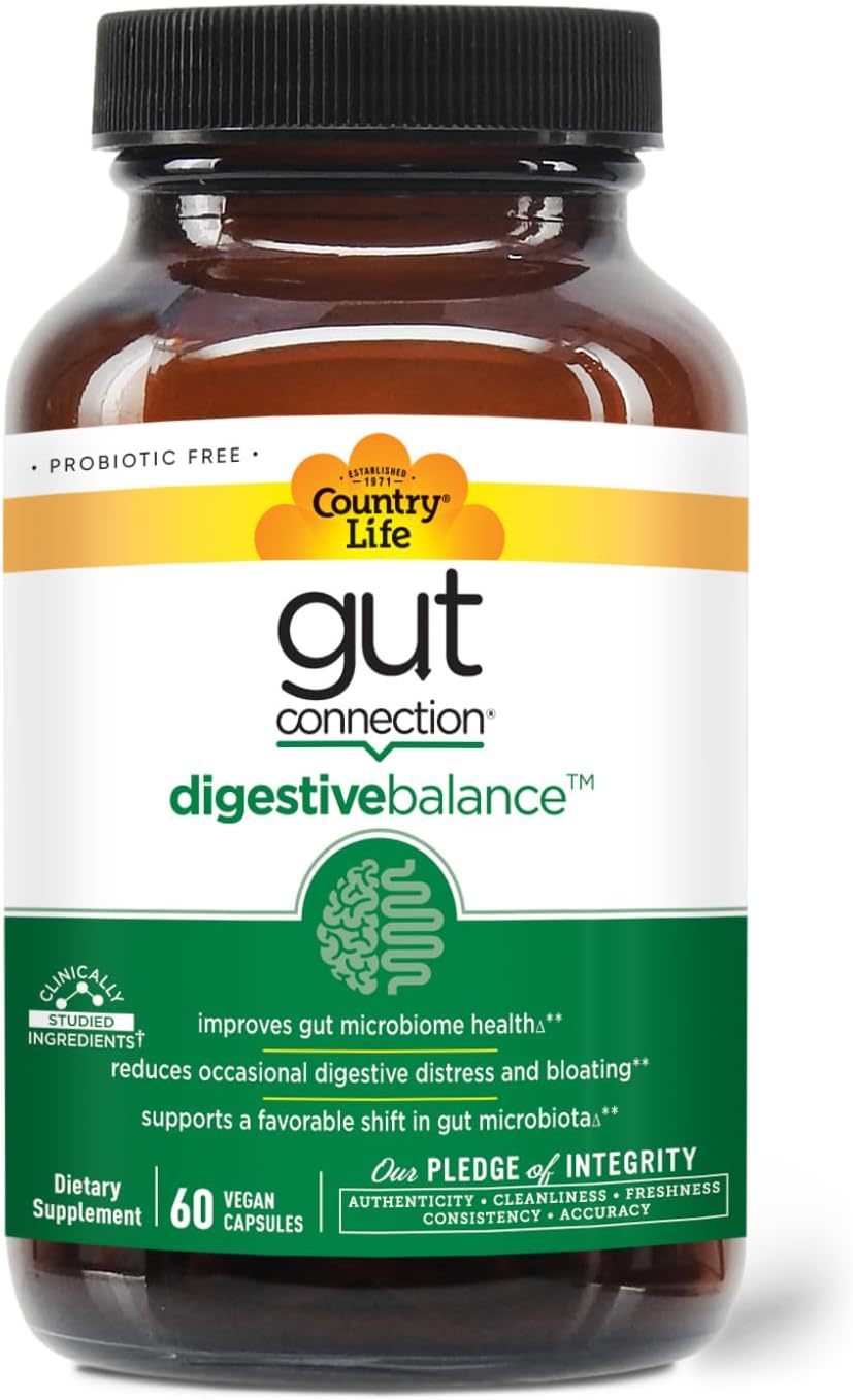 Country Life Gut Connection Digestive Balance – Prebiótico y Enzimas Digestivas para la Salud Intestinal, 60 Cápsulas