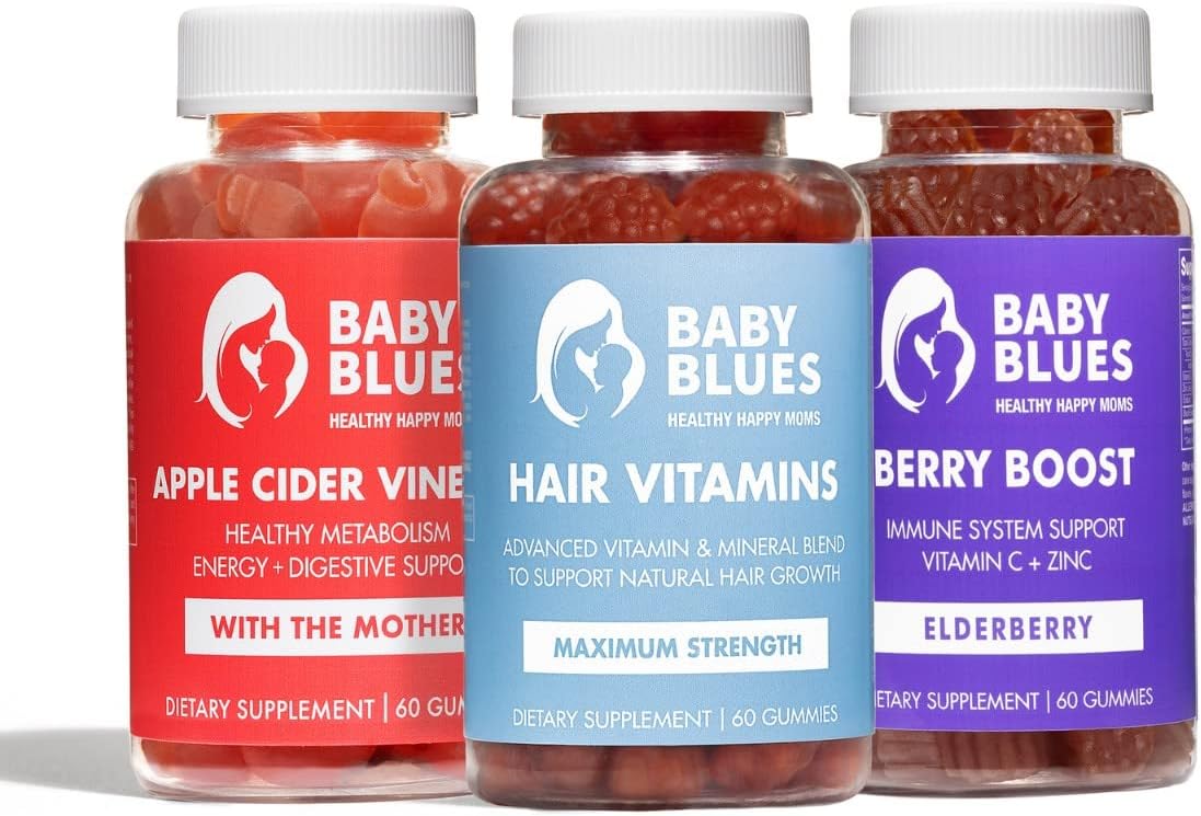 Baby Blues Pack Esencial Posparto para Nuevas Mamás, 3 Productos: Vitaminas para el Cabello, Gominolas de Vinagre de Manzana y Saúco, 180 Unidades