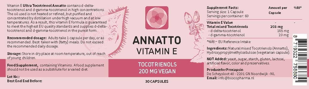 Procapsin Annatto Tocotrienols Suplemento de Vitamina E Vegano - 200 mg - Sin Tocoferoles - 30 Cápsulas