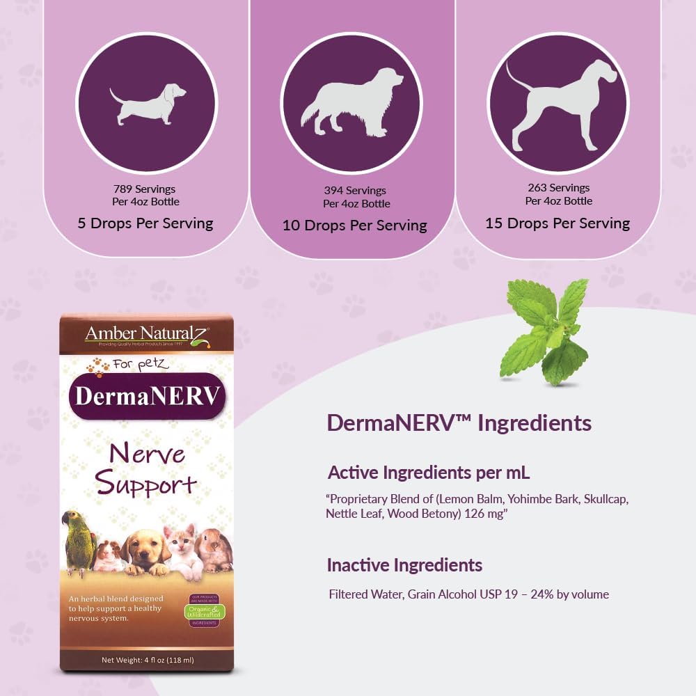 Amber NaturalZ DermaNERV Suplemento Herbal para Perros, Gatos, Aves, Cobayas y Conejos | Apoyo al Sistema Nervioso | Comportamiento Equilibrado | Funciones Nerviosas Saludables 118 ml