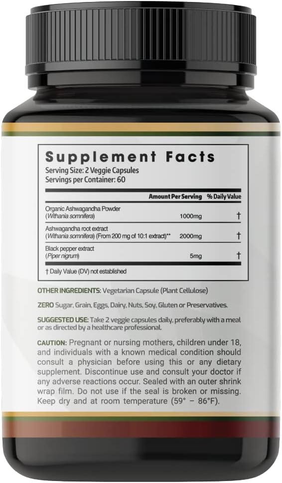 PRATIC LINE Ashwagandha Cápsulas 3000 mg - 120 Cápsulas Veganas con Polvo y Extracto de Raíz Orgánica. Sin Gluten. Hecho en EE. UU.