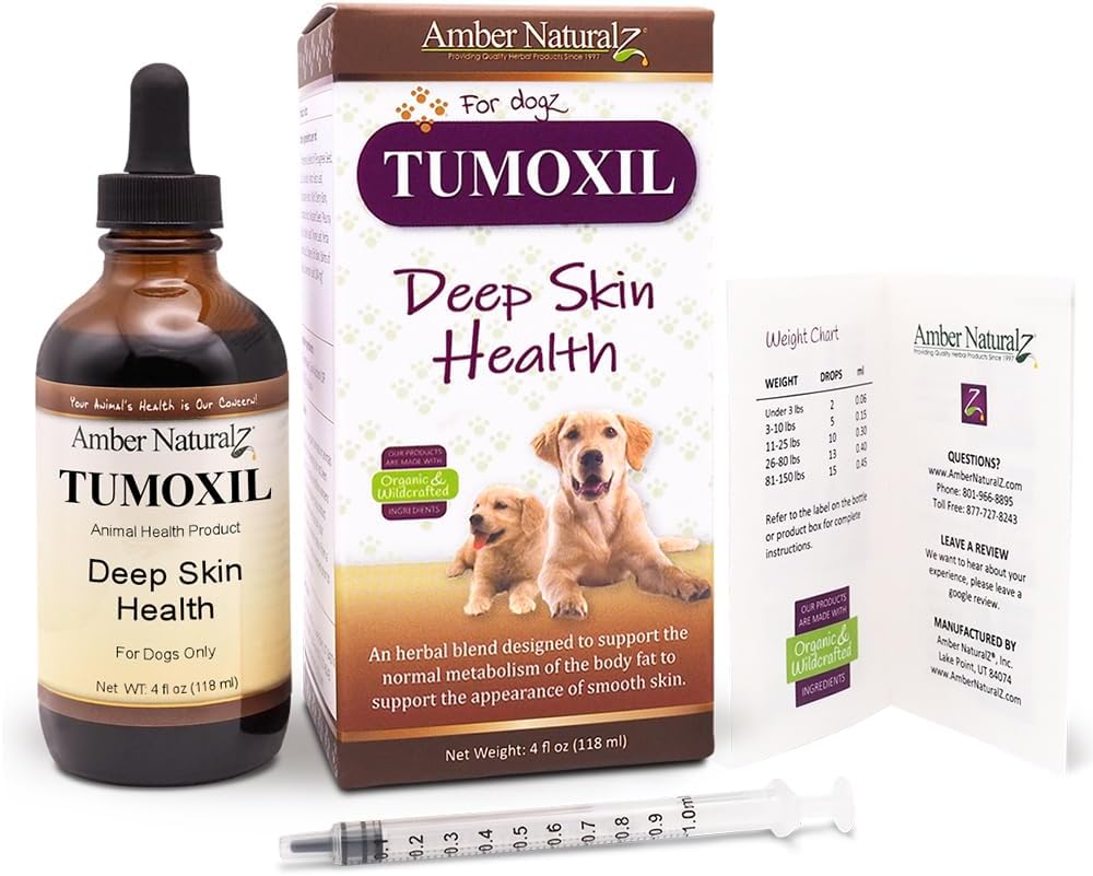 Amber NaturalZ Tumoxil Suplemento Herbal para la Salud Profunda de la Piel para Perros y Cachorros | Suplemento Canino para Apoyo a la Piel y el Metabolismo | Botella de Vidrio de 118 ml