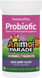 NaturesPlus Animal Parade Probiotic - 30 Comprimidos Masticables - Suplemento de Probióticos para Niños - Sabor a Frutos del Bosque - Vegano, Sin Gluten