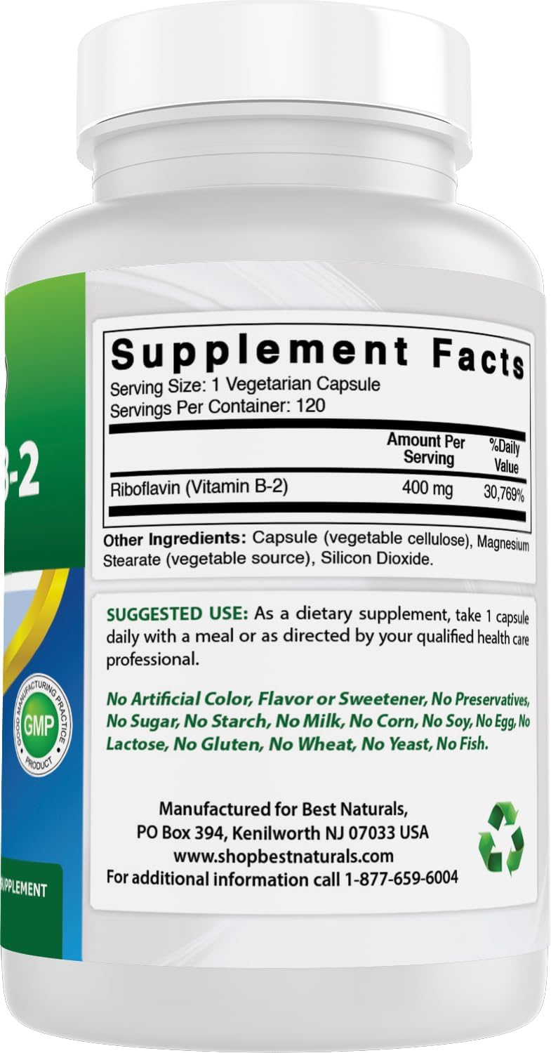 Best Naturals Vitamina B2 (Riboflavina) 400 mg – 120 Cápsulas Vegetales