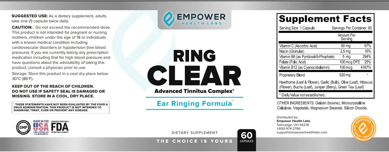 Ring Clear Fórmula Natural para el Alivio del Zumbido en los Oídos - 30 Días