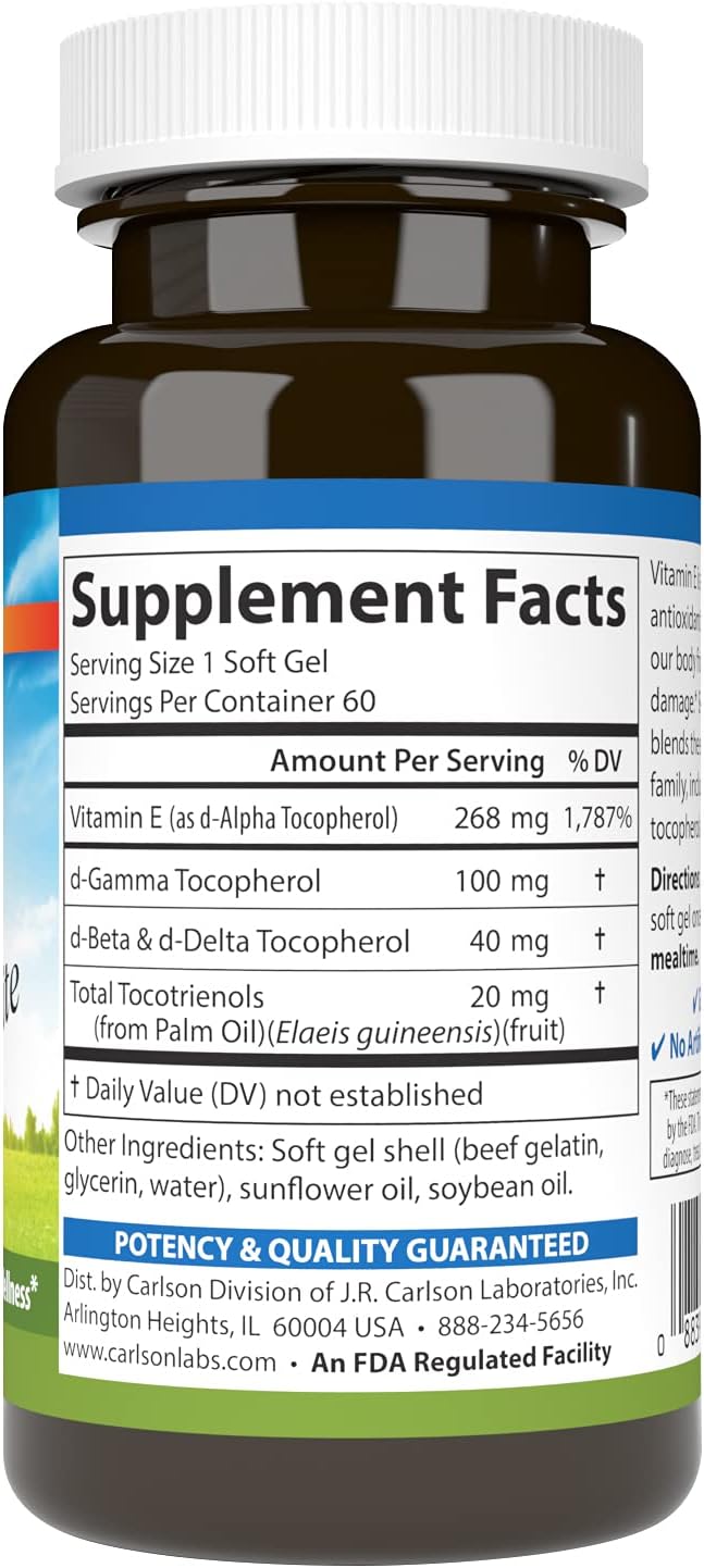 Carlson E-Gems Elite, 400 UI Vitamina E con Tocoferoles y Tocotrienoles, 60 perlas