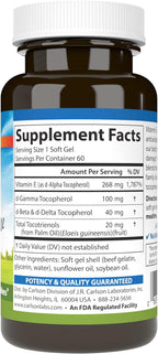 Carlson E-Gems Elite, 400 UI Vitamina E con Tocoferoles y Tocotrienoles, 60 perlas