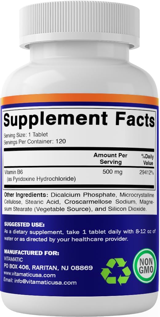 Vitamatic Vitamina B6 (Piridoxina HCl), 500 mg – 120 Comprimidos Vegetarianos