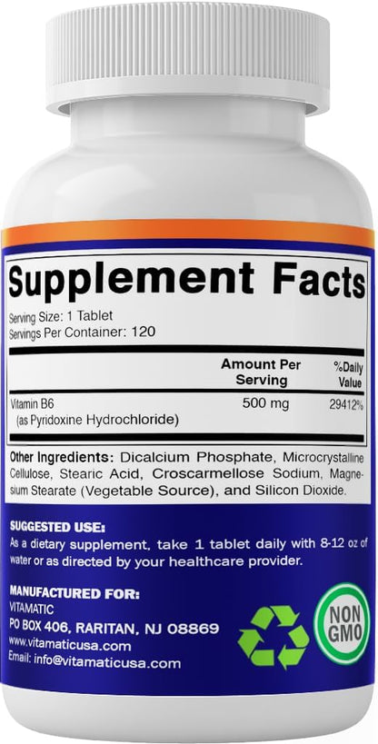 Vitamatic Vitamina B6 (Piridoxina HCl), 500 mg – 120 Comprimidos Vegetarianos – Image 8