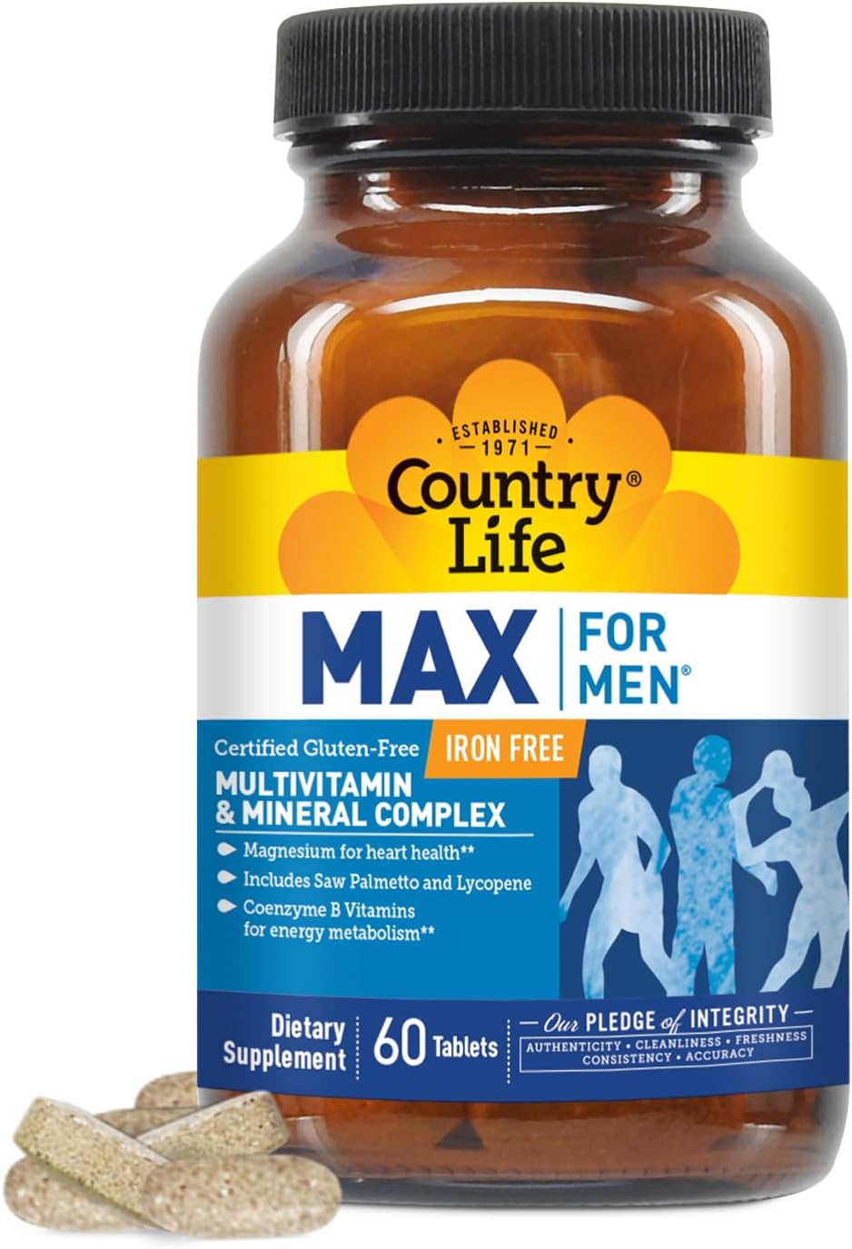 Country Life Max for Men – Complejo Multivitamínico y Mineral, Sin Hierro, 60 Comprimidos Vegetarianos