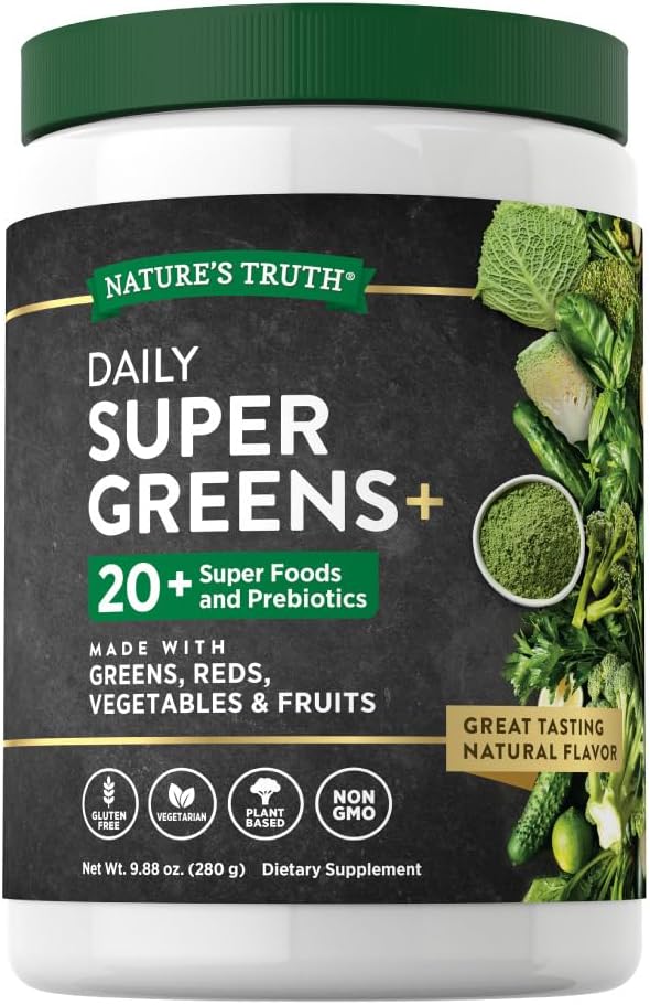Nature's Truth Super Greens Powder - Superalimentos y Prebióticos - 280g - Vegano y Sin Gluten