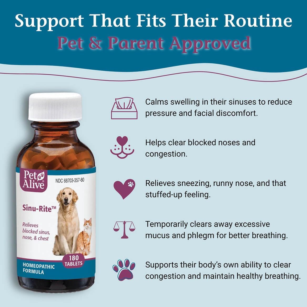 PetAlive Sinu-Rite - Alivio de la Congestión Nasal para Perros y Gatos - 180 comprimidos homeopáticos